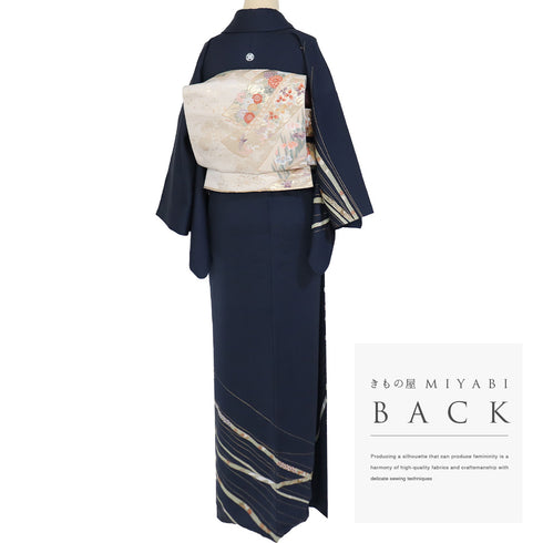 訪問着 リサイクル 身丈168cm 裄62.4cm 袷 デザイン線に熨斗柄 箔 ネイビー LLサイズ セミフォーマル お洒落 一つ紋 正絹 広衿 Sランク