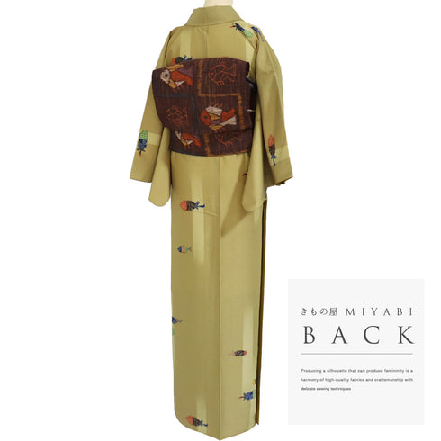 紬 リサイクル 身丈164cm 裄64.8cm 袷 干し柿柄 ベージュ Lサイズ お洒落 カジュアル ポリエステル 洗える着物 広衿 Sランク