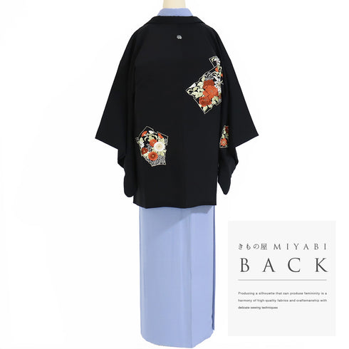 黒羽織 リサイクル 身丈77.5cm 裄62.8cm 袷 花柄 刺繍 ブラック Sサイズ フォーマル セミフォーマル 一つ紋 正絹 Sランク