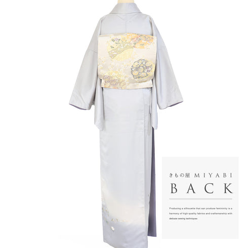 付下げ リサイクル 身丈166.2cm 裄65.6cm 袷 雪輪柄 花柄 部分刺繍 箔加工 グレー LLサイズ セミフォーマル お洒落 正絹 広衿 Sランク