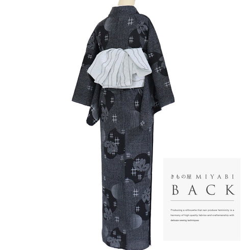 浴衣 リサイクル 夏着物 身丈155.5cm 裄63.5cm 夏物 桜柄 夏物 ブラック Mサイズ カジュアル 木綿 洗える着物 広衿 Aランク