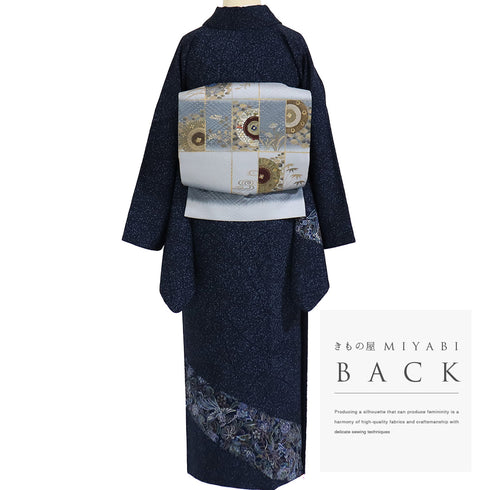 付下げ リサイクル 身丈159cm 裄68cm 袷 鳳凰更紗柄 たたき 地紋 ネイビー Mサイズ お洒落 正絹 広衿 Sランク