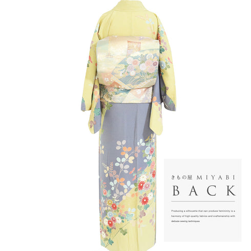 訪問着 身丈171.8cm 裄67.2cm 袷 菊柄 金駒刺繡 慶彩小袖 イエロー LLサイズ フォーマル 落款 正絹 広衿 Sランク