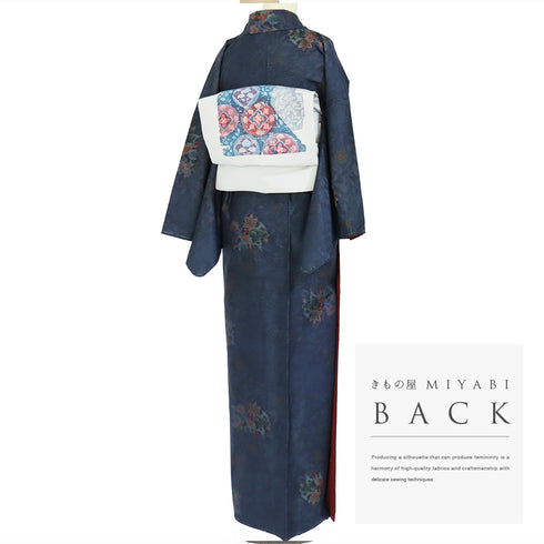 大島紬 リサイクル 身丈164.7cm 裄67.6cm 袷 草花柄 藤絹織物 ネイビー Lサイズ お洒落 カジュアル しつけ糸 正絹 広衿 Sランク