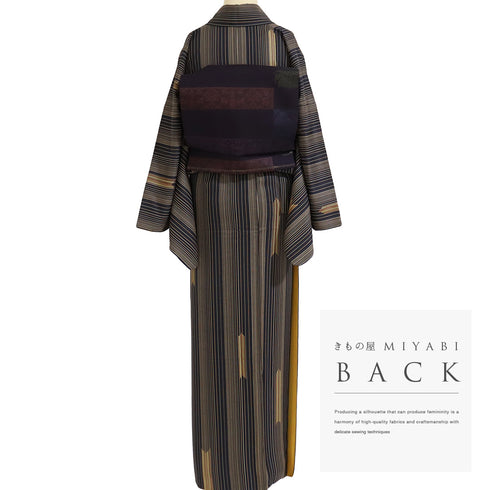 小紋 リサイクル 身丈164cm 裄69.6cm 袷 パールトーン加工 縞模様 矢羽根柄 地紋あり 箔加工 ネイビー Lサイズ お洒落 正絹 広衿 Sランク