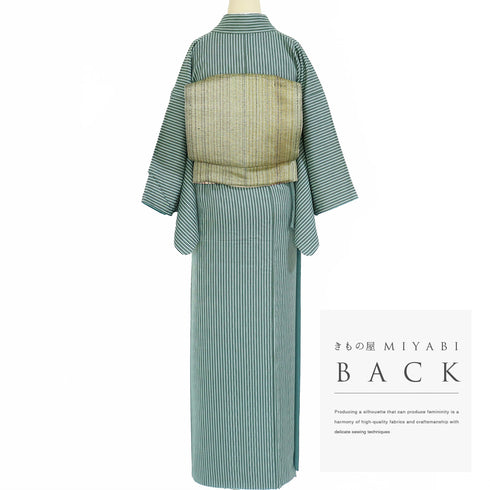 小紋 リサイクル 身丈154.3cm 裄63.2cm 袷 縞柄 斎藤三才 パールトーン加工 グリーン Sサイズ お洒落 正絹 広衿 Aランク