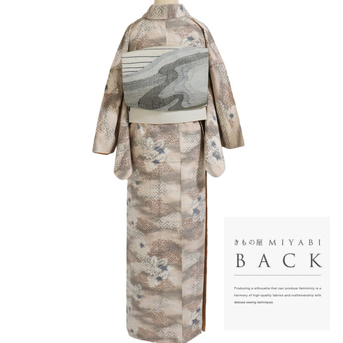 紬 リサイクル 身丈160.7cm 裄65.2cm 袷 小花やさや型柄 ベージュ Lサイズ お洒落 カジュアル 正絹 広衿 Sランク