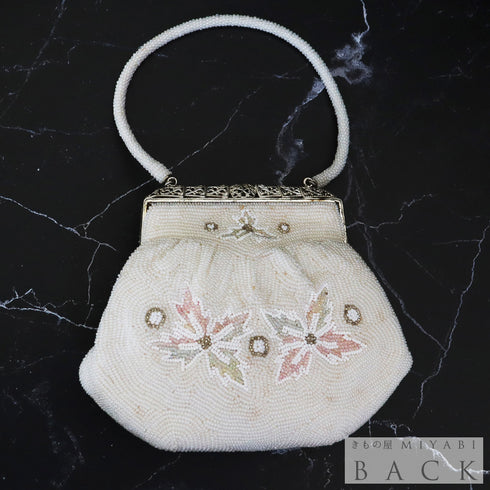 バッグ リサイクル カジュアル アイボリー ビーズ Bランク 花柄 横幅18cm 高さ14cm マチ5cm