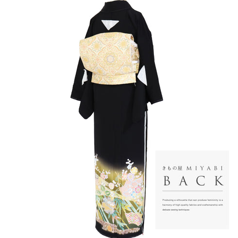 黒留袖 リサイクル 身丈164.5cm 裄66.4cm 袷 雪輪柄 金駒刺繍 ブラック Lサイズ 落款 五つ紋 しつけ糸 正絹 広衿 Sランク