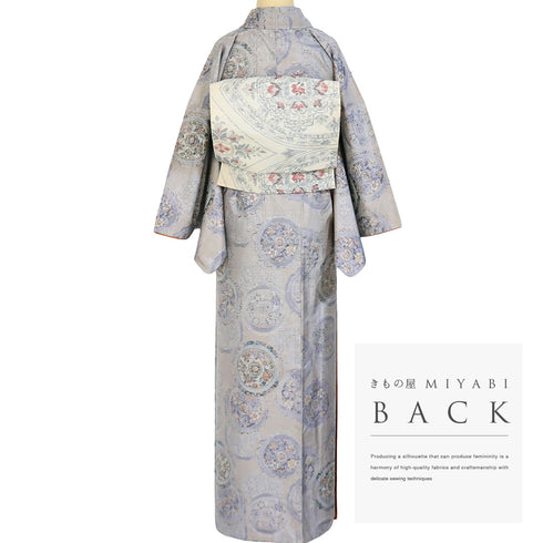 紬 リサイクル 身丈161.5cm 裄64.8cm 袷 絵皿柄 グレー Lサイズ お洒落 カジュアル 正絹 広衿 Sランク