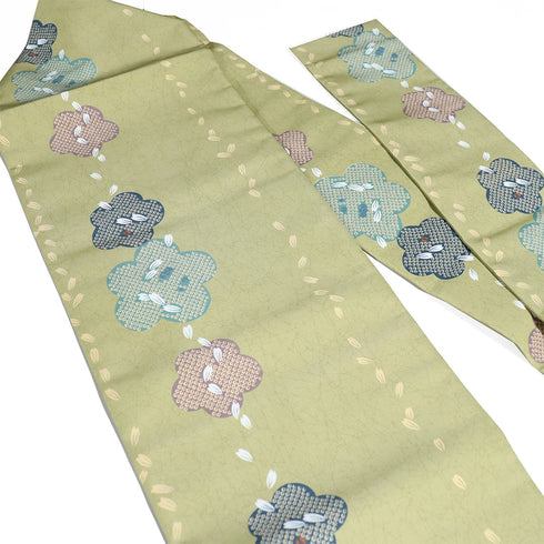 名古屋帯 リサイクル 帯丈372.5cm 全通 梅に花びら柄 グリーン Mサイズ 正絹 Sランク カジュアル お洒落