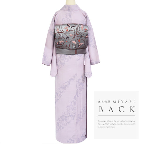 小紋 リサイクル 身丈158.8cm 裄65.2cm 袷 花唐草柄 地紋 箔 パープル Mサイズ お洒落 カジュアル 正絹 広衿 Aランク