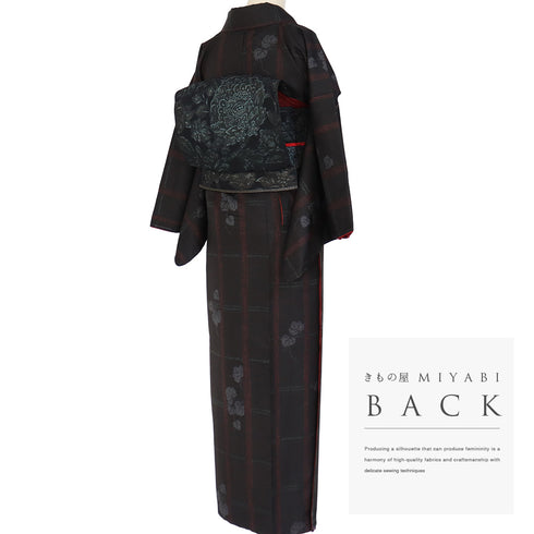 小紋 リサイクル 身丈162.5cm 裄66.6cm 袷 格子に蔦柄 地紋 ブラック Lサイズ お洒落 カジュアル ポリエステル 洗える着物 広衿 新品・未使用品