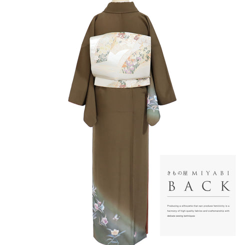 付下げ リサイクル 身丈158.5cm 裄63.2cm 袷 花柄 草野一騎 ブラウン Mサイズ セミフォーマル お洒落 正絹 広衿 Sランク