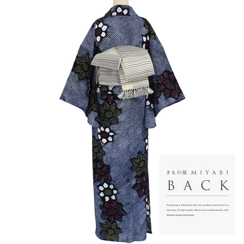 浴衣 リサイクル 夏着物 身丈150.5cm 裄63.2cm 夏物 絞り 花柄 ジュニアサイズ ネイビー Sサイズ カジュアル 木綿 洗える着物 バチ衿 Sランク