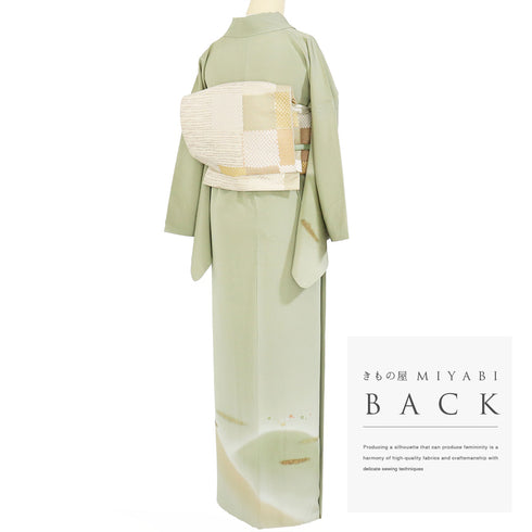 訪問着 リサイクル 身丈157.7cm 裄67.8cm 袷 山に霞模様 刺繍 箔 グリーン Mサイズ お洒落 セミフォーマル 正絹 広衿 Aランク