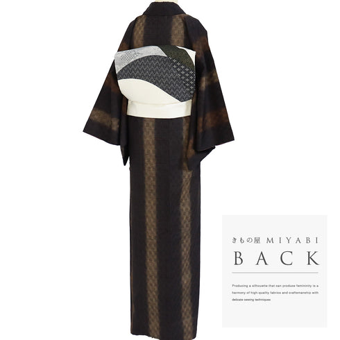 紬 リサイクル 身丈166cm 裄66.3cm 袷 立涌地紋 縞模様 ブラウン LLサイズ カジュアル 正絹 広衿 Sランク