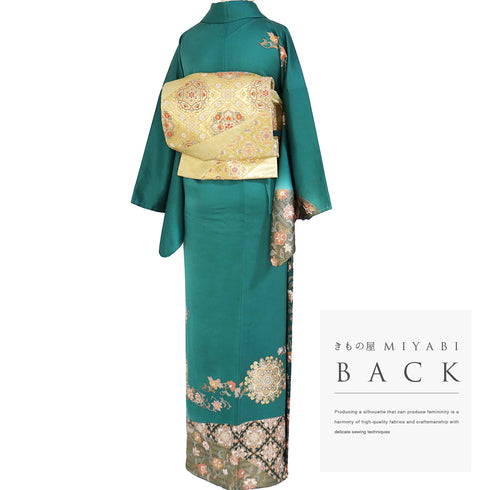 訪問着 リサイクル 身丈162.7cm 裄68.4cm 袷 華文柄 花唐草柄 箔 地紋 グリーン Lサイズ セミフォーマル 正絹 広衿 Sランク