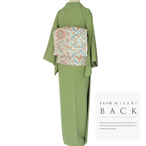 色無地 リサイクル 身丈159.8cm 裄64.4cm 袷 グリーン Mサイズ セミフォーマル 一つ紋 しつけ糸 正絹 広衿 Sランク