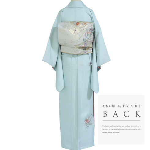 付下げ リサイクル 身丈160.8cm 裄62.4cm 袷 花籠柄 ブルー Lサイズ セミフォーマル 落款 正絹 広衿 Aランク