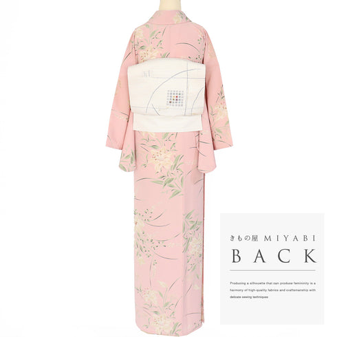 小紋 リサイクル 身丈168cm 裄65.5cm 単衣 百合柄 ピンク LLサイズ カジュアル ポリエステル 洗える着物 広衿 Aランク