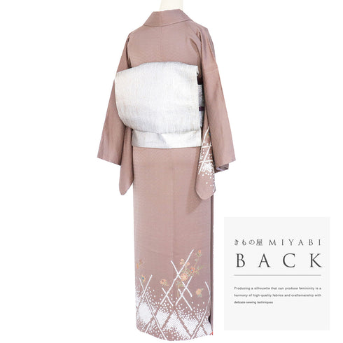 訪問着 リサイクル 身丈161.3cm 裄64.8cm 袷 部分絞り 垣根に花枝柄 地紋 ブラウン Lサイズ お洒落 しつけ糸 正絹 広衿 Sランク