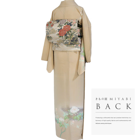 訪問着 リサイクル 身丈162.8cm 裄66.8cm 袷 箔加工 牡丹柄 ベージュ Lサイズ 正絹 広衿 Sランク