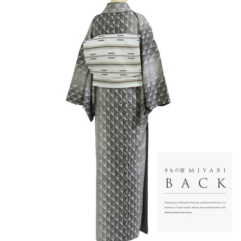 紬 リサイクル 身丈158cm 裄66.4cm 袷 縦鱗柄 縞模様 グレー Mサイズ お洒落 落款 正絹 広衿 Sランク