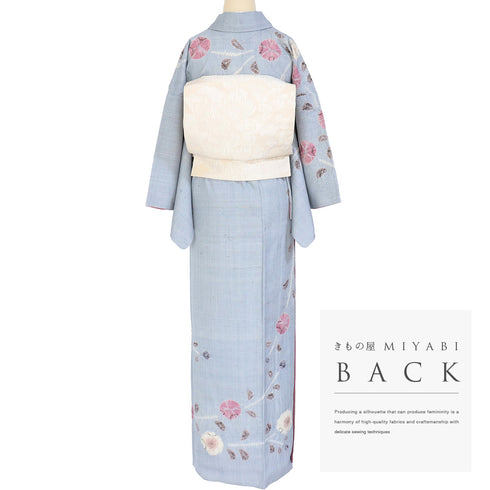 付下げ リサイクル 身丈162.7cm 裄64.8cm 袷 紬 巻き上げ絞りに花柄 ブルー Lサイズ お洒落 正絹 広衿 Aランク