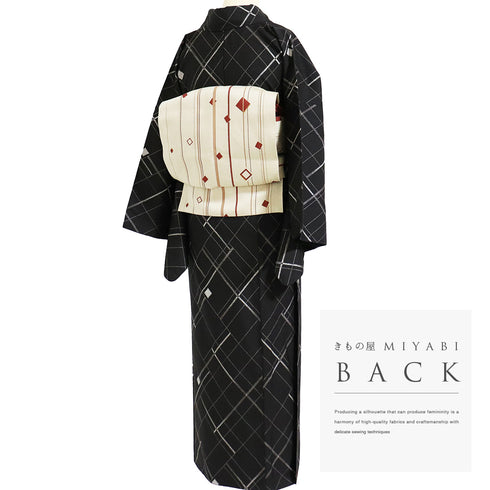 紬 リサイクル 身丈164cm 裄67.6cm 袷 幾何学柄 ブラック Lサイズ カジュアル お洒落 正絹 広衿 Sランク