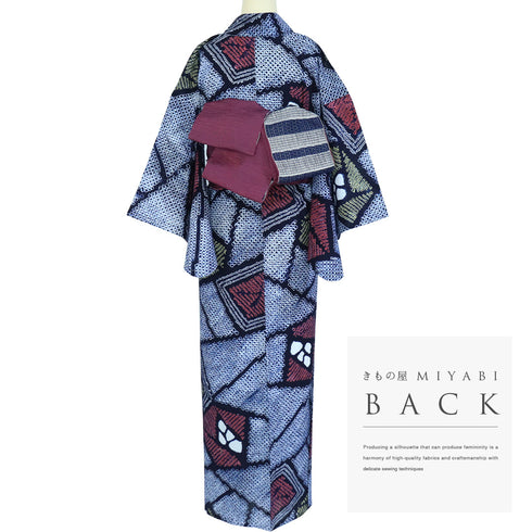 浴衣 リサイクル 夏着物 身丈157.5cm 裄64cm 夏物 絞り ネイビー Mサイズ カジュアル 木綿 洗える着物 バチ衿 Sランク