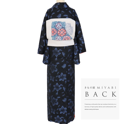 小紋 リサイクル 身丈154.5cm 裄63.6cm 袷 アンティーク お召 花柄 地紋 ネイビー Sサイズ お洒落 カジュアル 正絹 広衿 Aランク