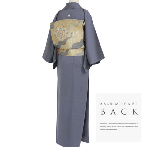 色無地 リサイクル 身丈158cm 裄62.4cm 袷 七宝柄 パープル Mサイズ セミフォーマル お洒落 一つ紋 正絹 広衿 地紋あり Sランク