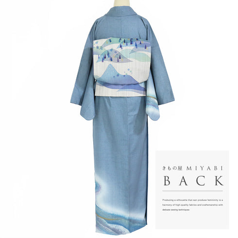 付下げ リサイクル 身丈156cm 裄65cm 袷 紬 流水柄 ゆったりサイズ ブルー Mサイズ お洒落 落款 しつけ糸 正絹 広衿 Sランク