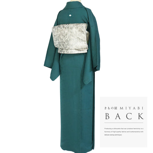 色無地 リサイクル 身丈159.2cm 裄64.8cm 袷 辻ヶ花模様 グリーン Mサイズ セミフォーマル 一つ紋 正絹 広衿 地紋あり Sランク