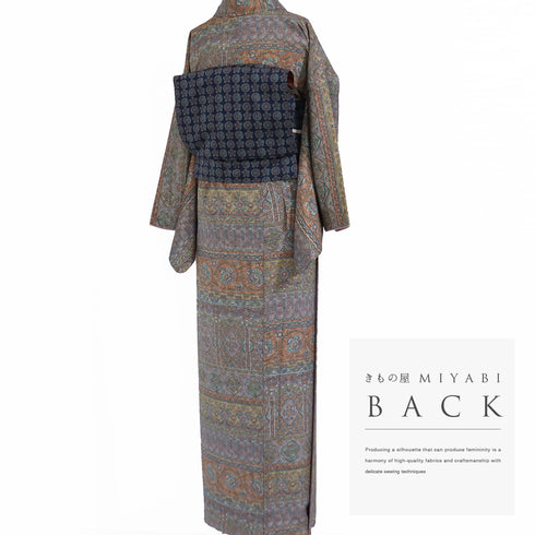 小紋 リサイクル 身丈164cm 裄66.8cm 袷 オリエンタル柄 多色 Lサイズ お洒落 カジュアル 正絹 広衿 Sランク