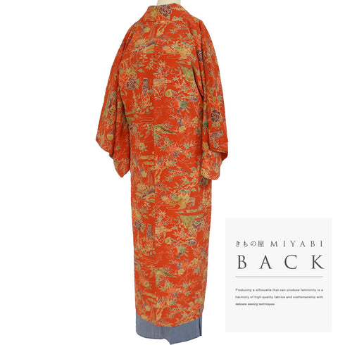 道中着 リサイクル 身丈131.2cm 裄64.8cm 袷 ロング丈 花や鳥柄 オレンジ Mサイズ お洒落 正絹 Sランク