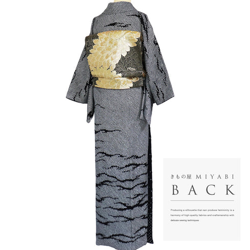 訪問着 リサイクル 身丈157.5cm 裄63cm 袷 ゆったりサイズ 絞り パールトーン加工済 ブラック Mサイズ お洒落 正絹 広衿 Sランク