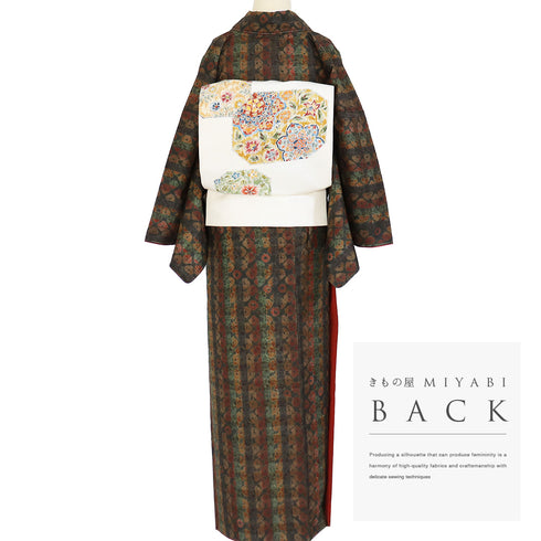 紬 リサイクル 身丈166cm 裄65.6cm 袷 絞り 縞柄 ブラウン ゆったりLLサイズ カジュアル しつけ糸 正絹 広衿 Sランク