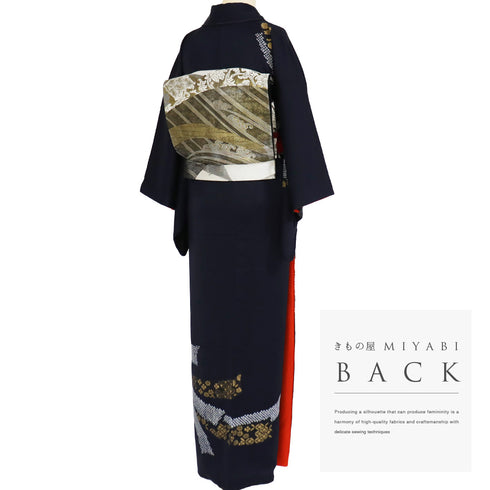 付下げ リサイクル 身丈159.2cm 裄63.2cm 袷 部分絞り 刺繍加工 箔加工 七宝柄 小花柄 ネイビー Mサイズ お洒落 正絹 広衿 Aランク