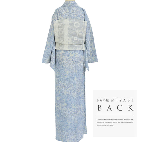 小紋 リサイクル 身丈167cm 裄68cm 単衣 草花柄 既製品 トールサイズ ブルー LLサイズ お洒落 カジュアル ポリエステル 洗える着物 広衿 Sランク