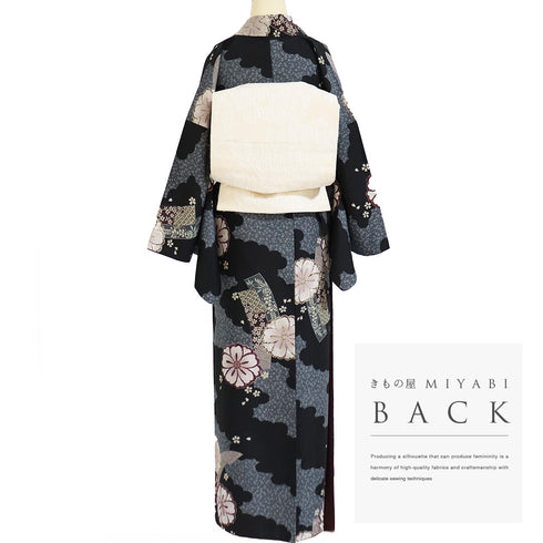 小紋 リサイクル 身丈167.5cm 裄68.8cm 袷 雲取りに短冊や花柄 小花柄 多色 LLサイズ お洒落 カジュアル ポリエステル 洗える着物 広衿 Sランク