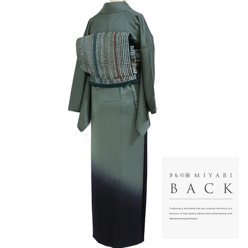 訪問着 リサイクル 身丈165.8cm 裄68.4cm 袷 裾ぼかし柄 箔 地紋 グリーン LLサイズ お洒落 正絹 広衿 Sランク