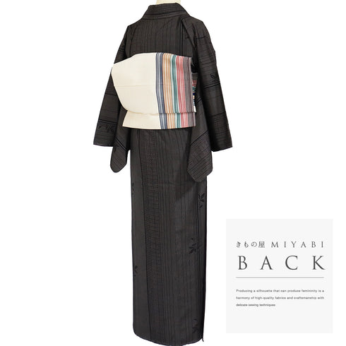 紬 リサイクル 身丈151.8cm 裄63cm 袷 柿渋染 汕頭刺繍 縞模様 枝葉柄 ブラック Sサイズ お洒落 証紙 しつけ糸 正絹 広衿 Sランク