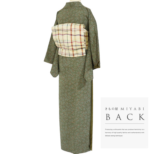 小紋 リサイクル 身丈154.6cm 裄62.4cm 袷 植物柄 グリーン Sサイズ お洒落 カジュアル しつけ糸 正絹 広衿 Bランク