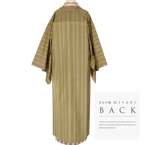 道行コート リサイクル 身丈131.7cm 裄68.8cm 単衣 雨コート 縞柄 ロング丈 グリーン LLサイズ お洒落 正絹 Sランク