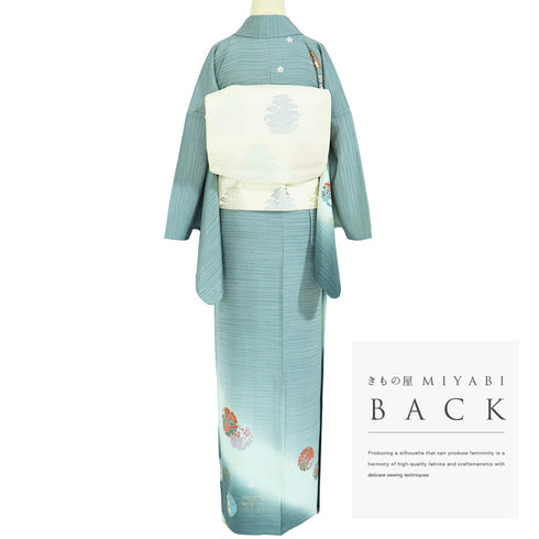 付下げ リサイクル 身丈160.5cm 裄67.2cm 単衣 ぼかし柄 雪輪柄 花柄 刺繍 箔加工 グリーン Lサイズ セミフォーマル 正絹 広衿 Sランク