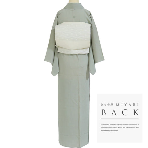 色無地 リサイクル 身丈154.5cm 裄62cm 単衣 グリーン Sサイズ セミフォーマル 落款 一つ紋 正絹 広衿 Sランク