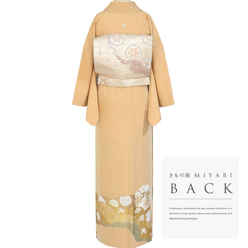 色留袖 リサイクル 身丈161.5cm 裄65.6cm 袷 本金箔 雲上花の宴 金駒刺繍 パールトーン加工済 ベージュ Lサイズ 落款 三つ紋 正絹 広衿 Aランク