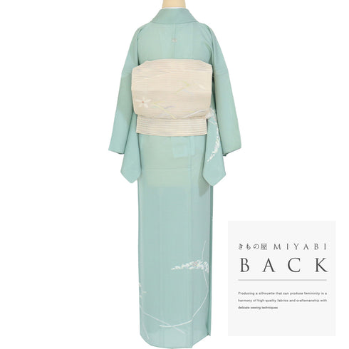 付下げ リサイクル 夏着物 身丈153.2cm 裄65cm 絽 デザイン花柄 グリーン Sサイズ セミフォーマル 一つ紋 正絹 広衿 Aランク